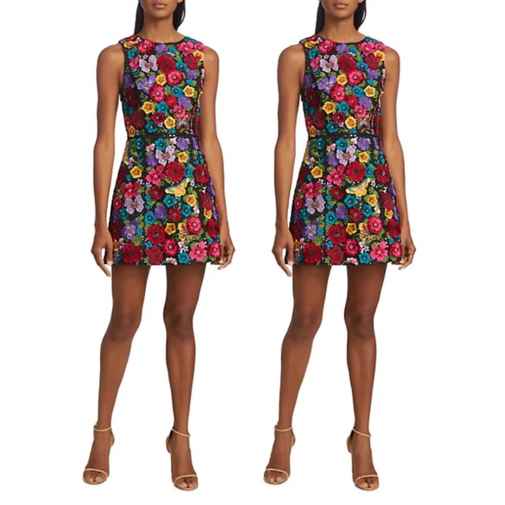 Alice + Olivia Lindsey A-line Mini Dress Multicolor Allover Floral Embroidery